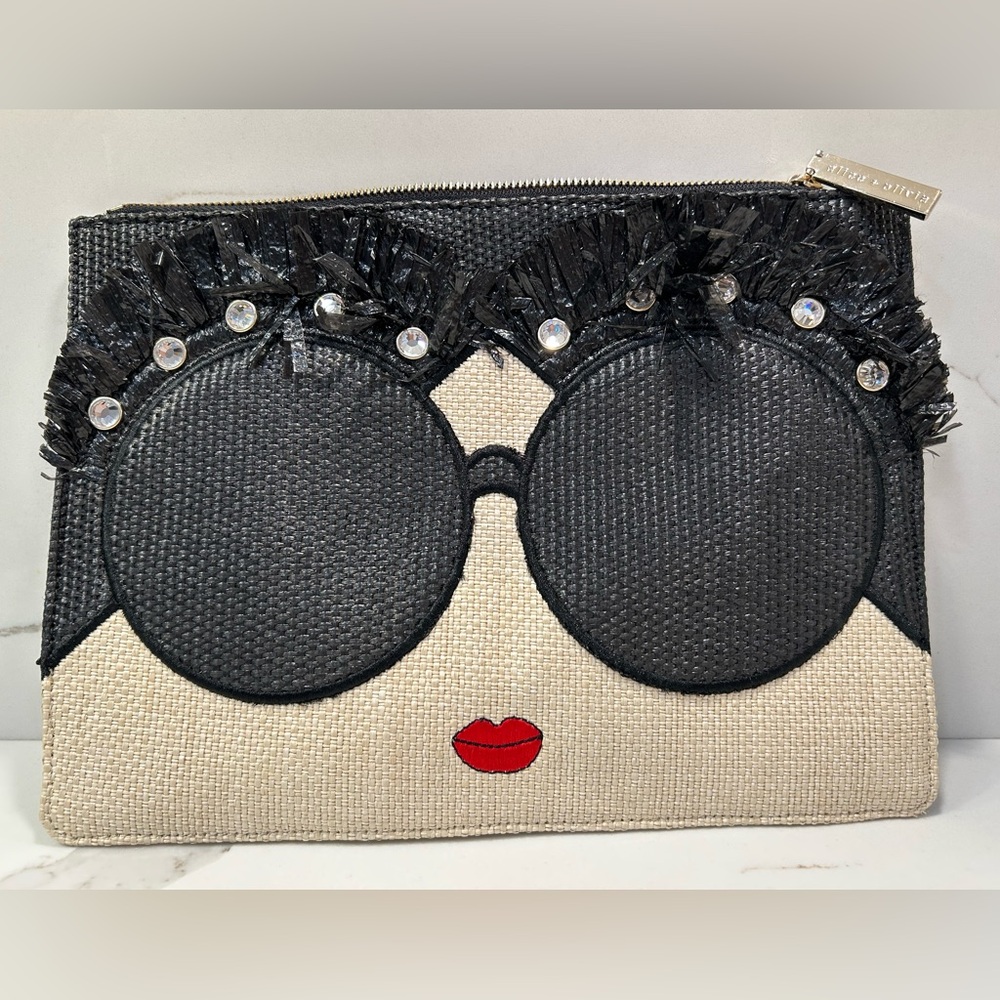 Alice + Olivia Stacey Bendet Stace Face oversize Clutch purse, rhinestones straw